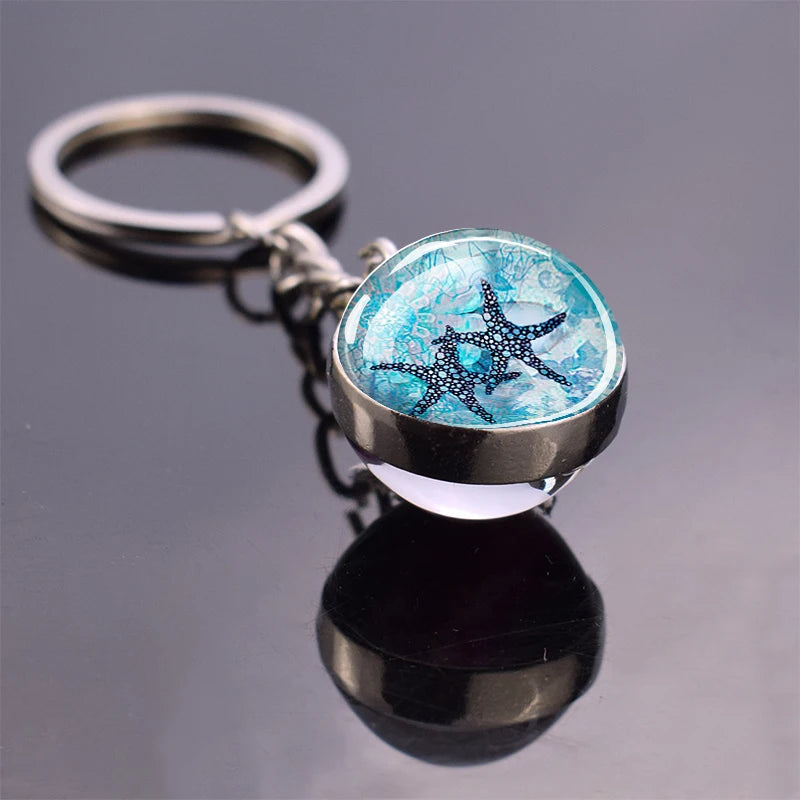 Blue Sea Keychain Marine Organisms Cute Key Chain Double Sided Glass Ball Pendant Dolphins Turtles Starfish Keyring Jewelry Gift As show 20