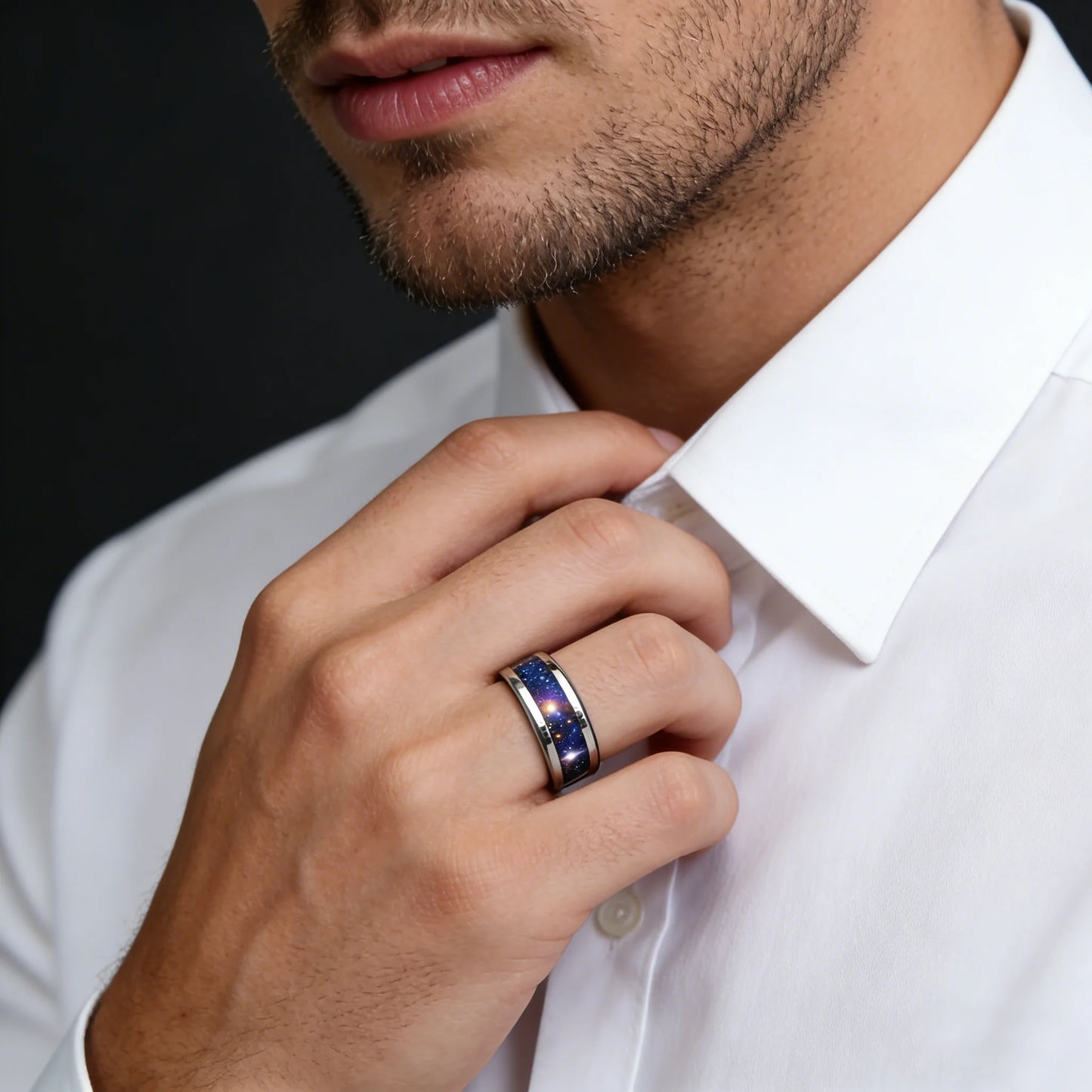 With Orion Nebula Opal Galaxy Starry Sky Design Ring Fashion 8mm Silver Color Men Stainless Steel Rings for Men Wedding Jewelry