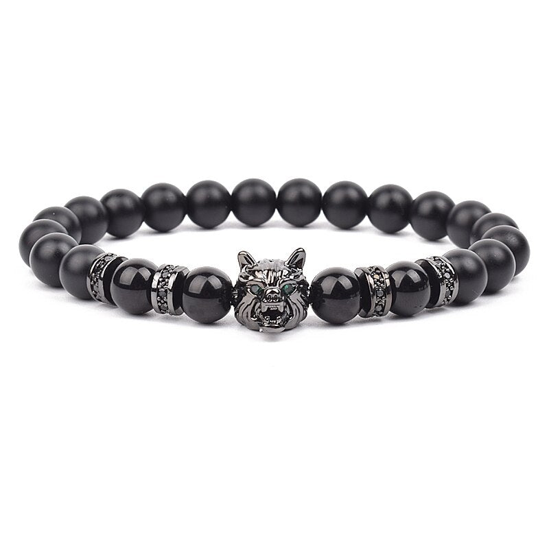 Wolf Charm Bracelets Men Natural Black Agates Onyx Stone Bracelet Brave Blue Tiger Eye Elastic 8 mm Beads Jewelry Beaded Pulsera Obsidian