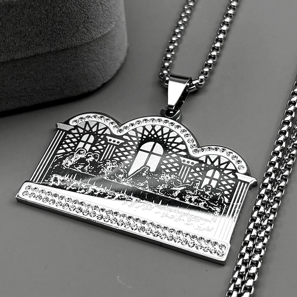 Thirteen Apostles Of Judaism Rhinestones Pendant Necklace Women Men Stainless Steel Gold Color The Last Supper Chain Jewelry
