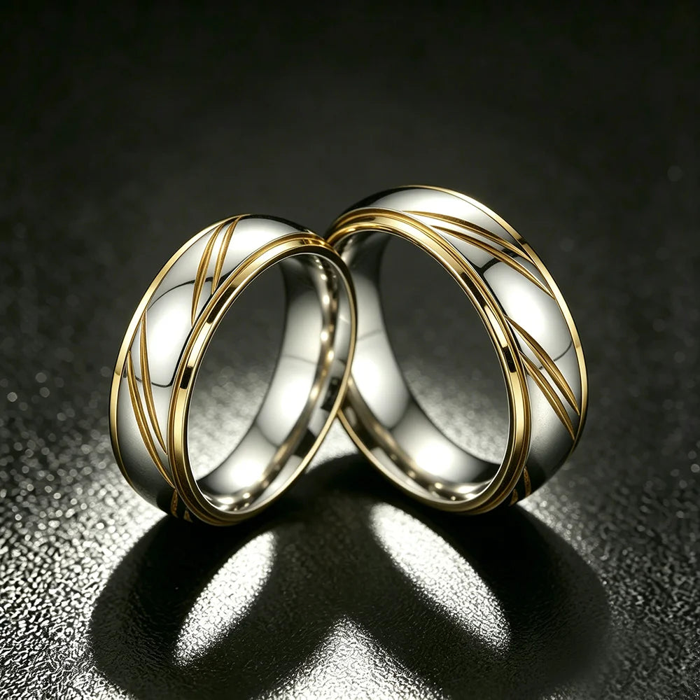 Trendy Stainless Steel Couple Rings For Men Women Unique Groove Wave Pattern Ring Wedding Party Jewelry Valentines Day Gifts