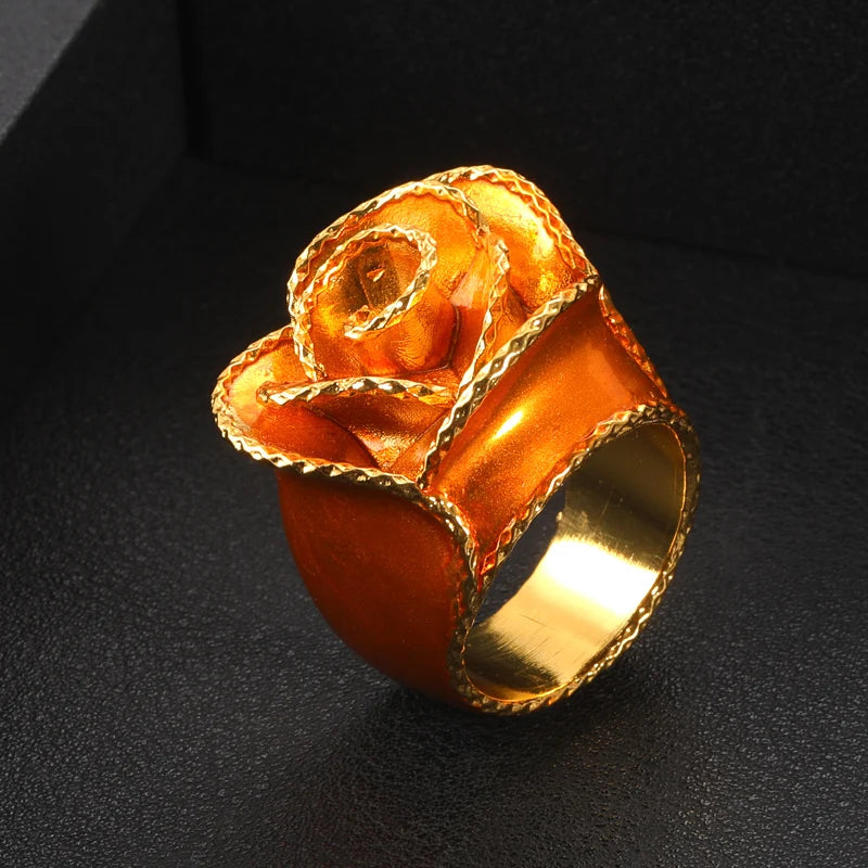 Janekelly Luxury Bold Big Flower Rings for Women Bridal Cubic Zircon Dubai Accessories Finger Ring Beach Jewelry Orange Gold-color