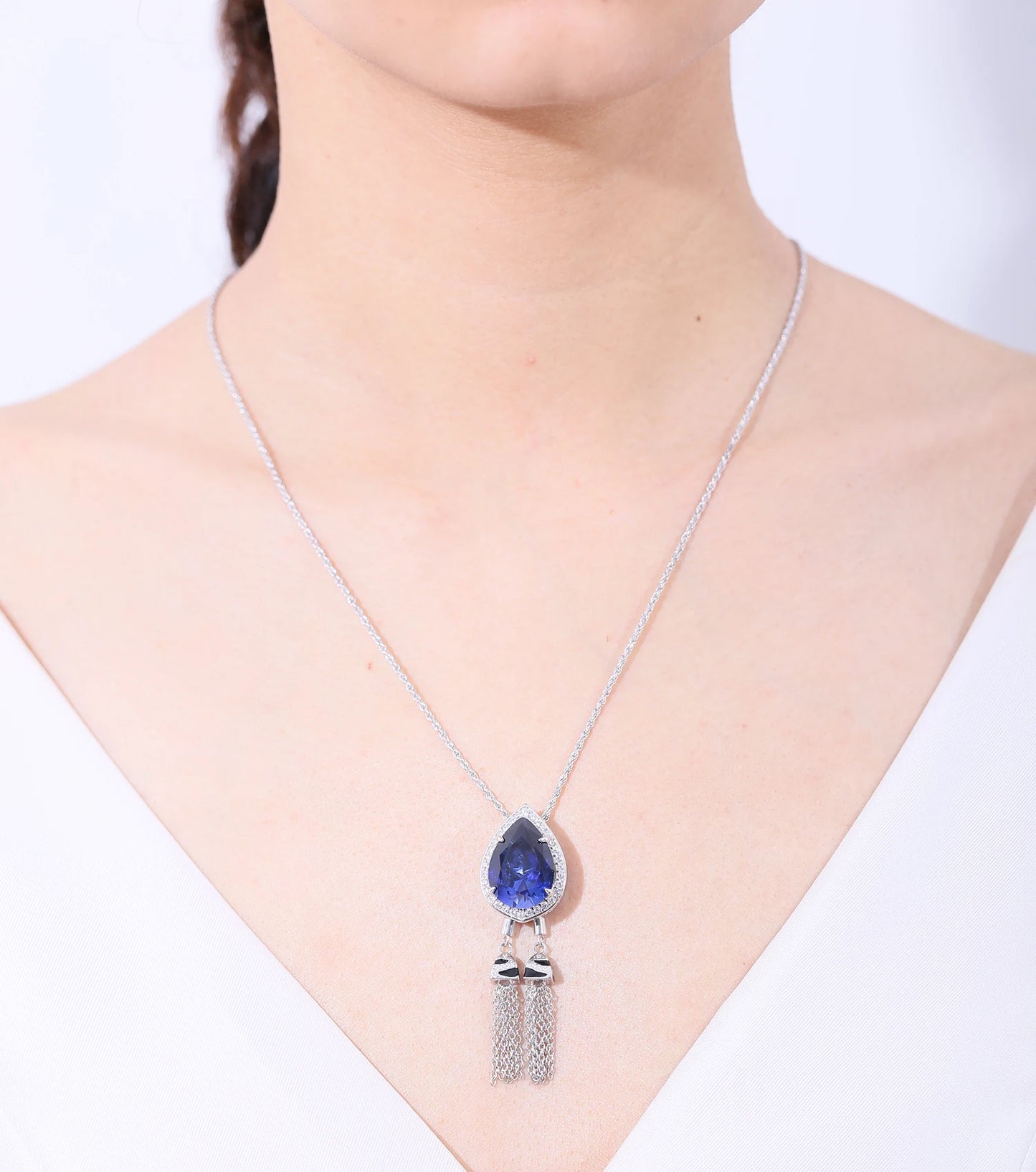 GEM'S BALLET Tiger Element Necklace Pear 13x18mm Lab Blue Sapphire Bolo Tassel Necklace in 925 Sterling Silver Gift For Her