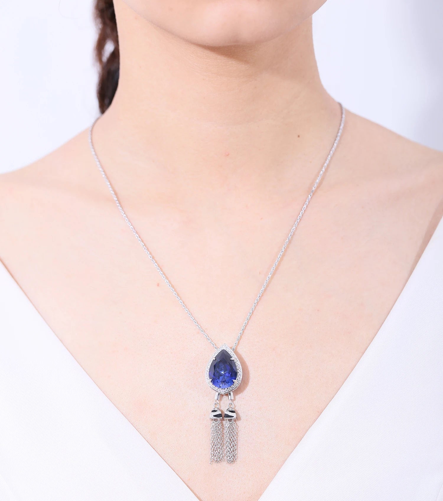 GEM'S BALLET Tiger Element Necklace Pear 13x18mm Lab Blue Sapphire Bolo Tassel Necklace in 925 Sterling Silver Gift For Her