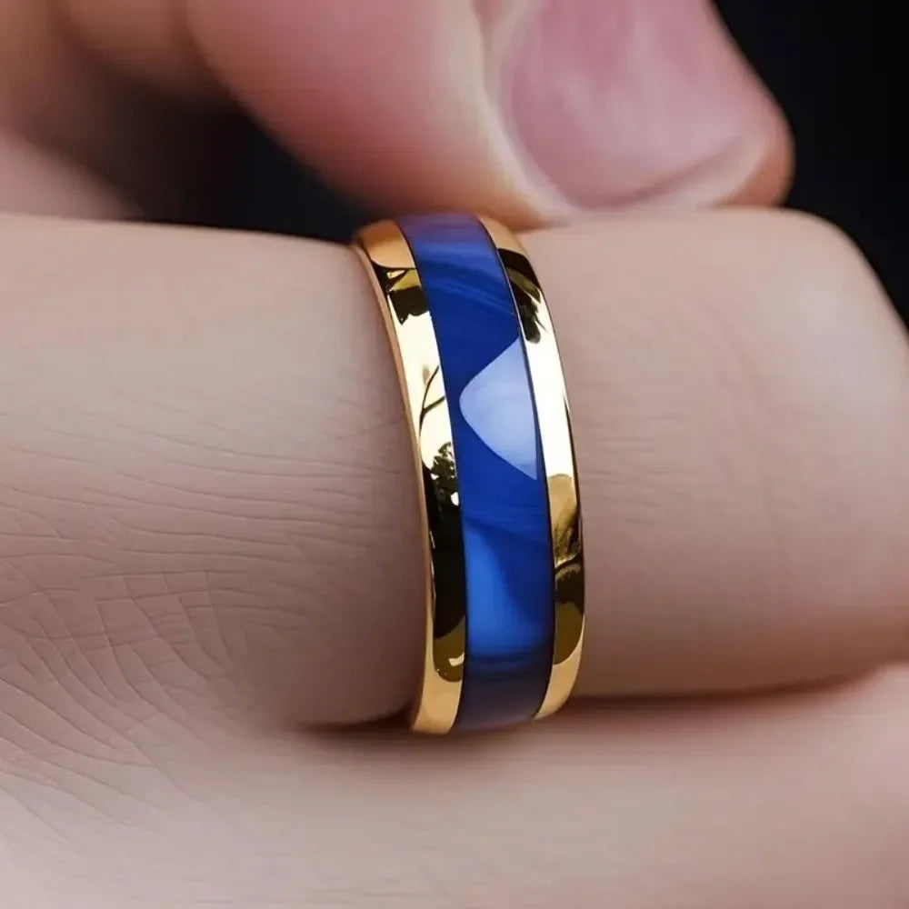 8MM Fashion Sapphire Stainless Steel Ring Women Men Engagement Wedding Band Jewelry Gold Color Personality Steel Ring for Gift