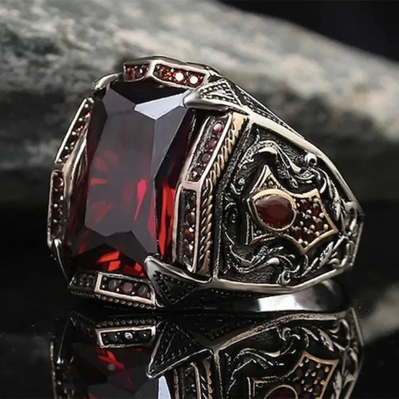 Retro Turkish Handmade Men Rings Vintage Carved Pattern Red/Blue/Rainbow Zircon Rings Rock Punk Islamic Muslim Wedding Jewelry