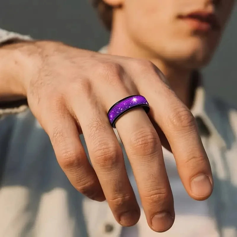 8MM Purple Abalone Shell Inlay Men's Stainless Steel Ring Unique Women Wedding Engagement Band Hiphop Ring Party Ring Gift