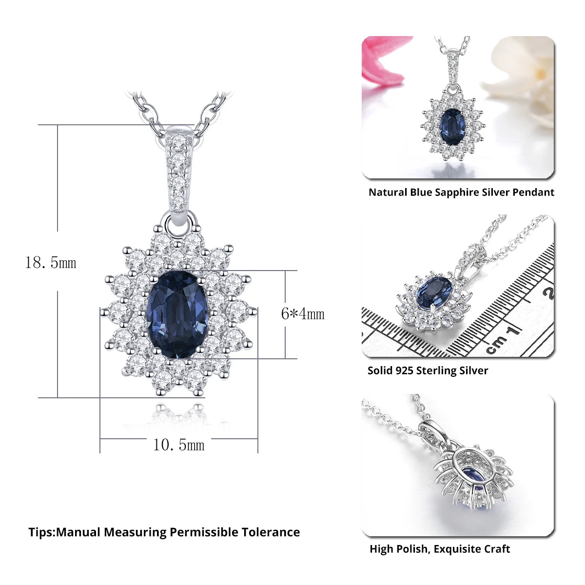 Natural Blue Sapphire Solid Sterling Silver Rhodium Pendants 0.6 Carats Genuine Precious Gemstone Classic Luxury Fine Jewelrys