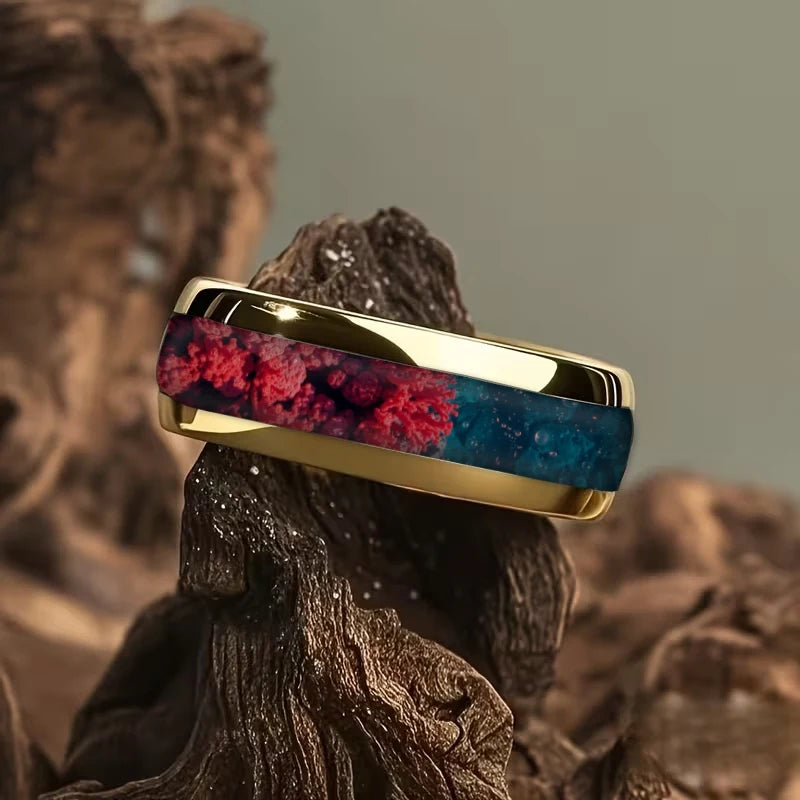 With Blue Gradient Nebula Pattern Rings, 8mm Cosmic Starry Sky Stainless Steel Men Ring, Wedding Band Jewelry Drop Shipping