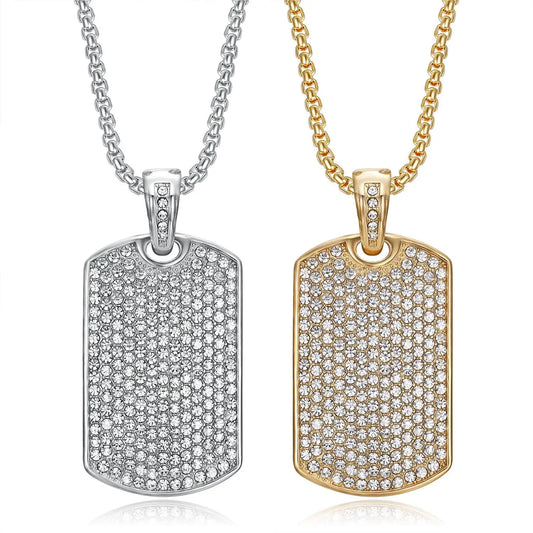 Trendy 18K Gold Plated Stainless Steel Hip-hop Dog Tag Pendant Iced Out Zircon Necklace Shiny