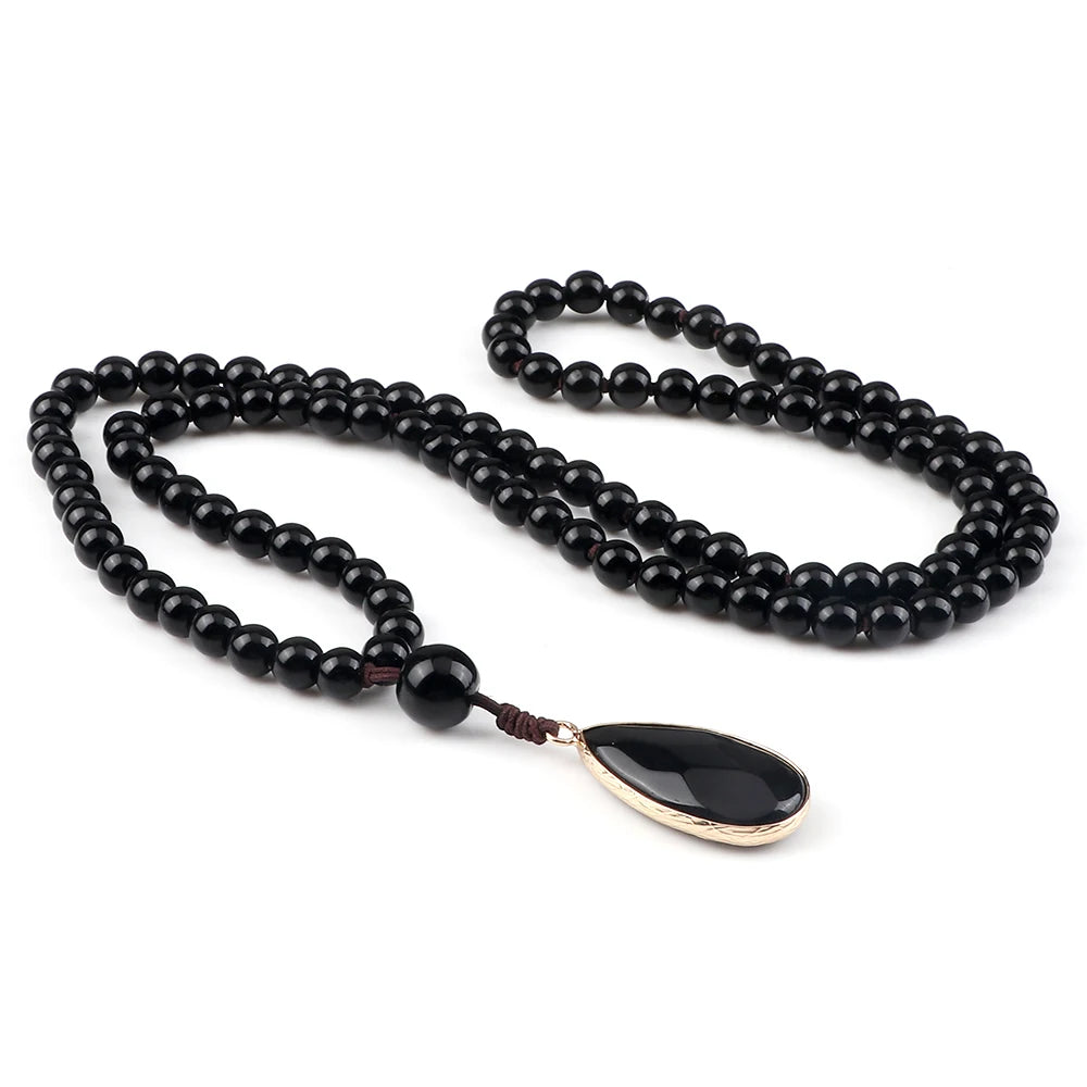 Shiny Black Onyx Natural Stone Beaded Necklaces&Bracelet Men 108 Japamala Pandent Prayer Necklace Handmade Women Healing Jewelry