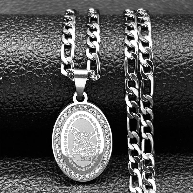 Seal of Archangel Michael Medal Necklace for Women/Men Rhinestone Stainless Steel Gold Silver Color Talisman Chain Jewelry