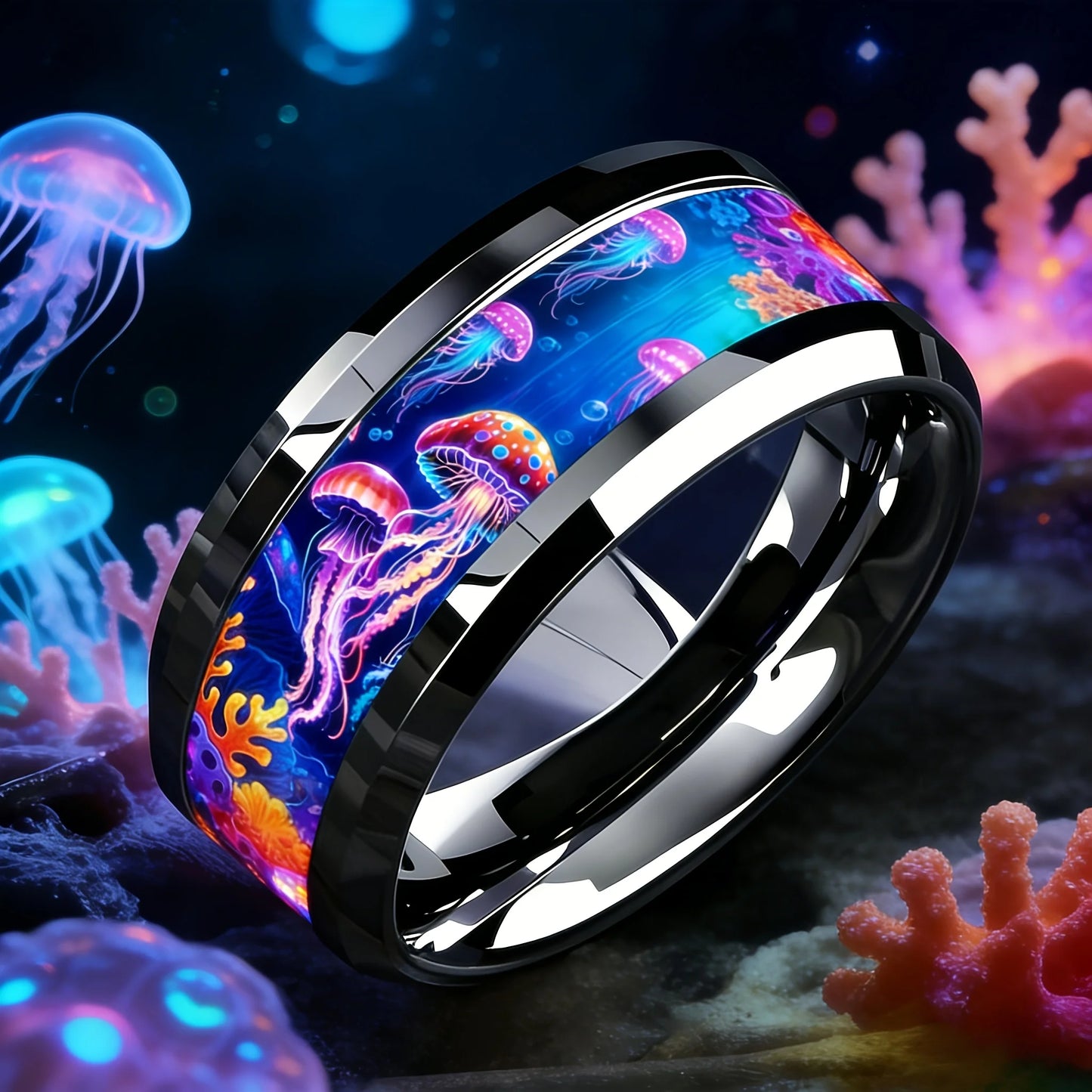 Cute Ocean-Themed 8mm Men Stainless Steel Ring with Dreamy Sea Jellyfish Pattern Inlay Rings for Teenager Wedding Party Jewelry