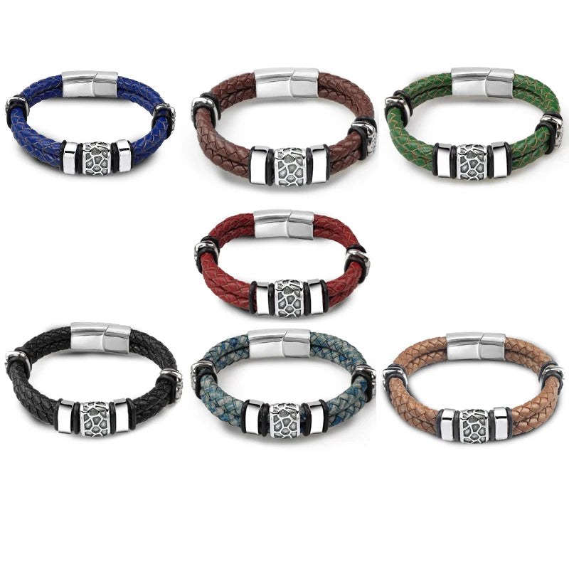 Brown Luxury 316L Stainless Steel Irregularly Cracked Man Bracelet Genuine Braided Leather Men's Jewelry Items