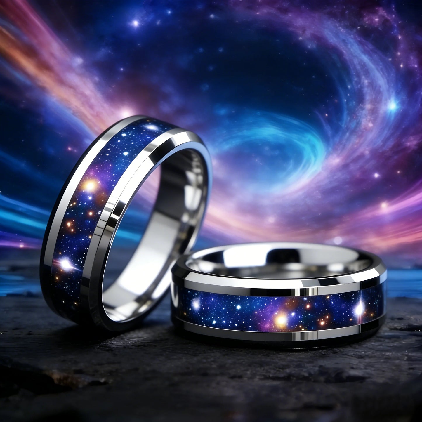 With Orion Nebula Opal Galaxy Starry Sky Design Ring Fashion 8mm Silver Color Men Stainless Steel Rings for Men Wedding Jewelry