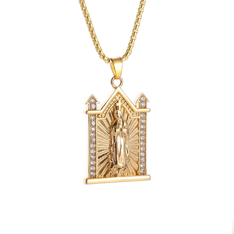 Classic Catholic Virgin Mary Square Pendant Necklace for Men Women Christian Religious Prayer Amulets Jewelry Gifts