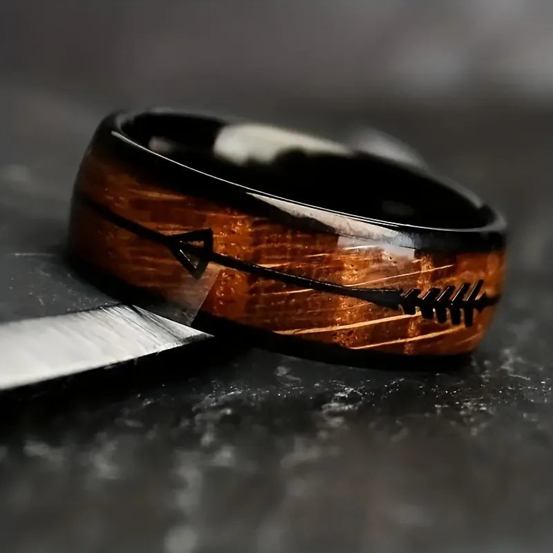 Fashion 8mm Black Stainless Steel Arrow Rings For Men Hawaiian Koa Wood Inlay Rings Men Wedding Band Jewelry Wholesale