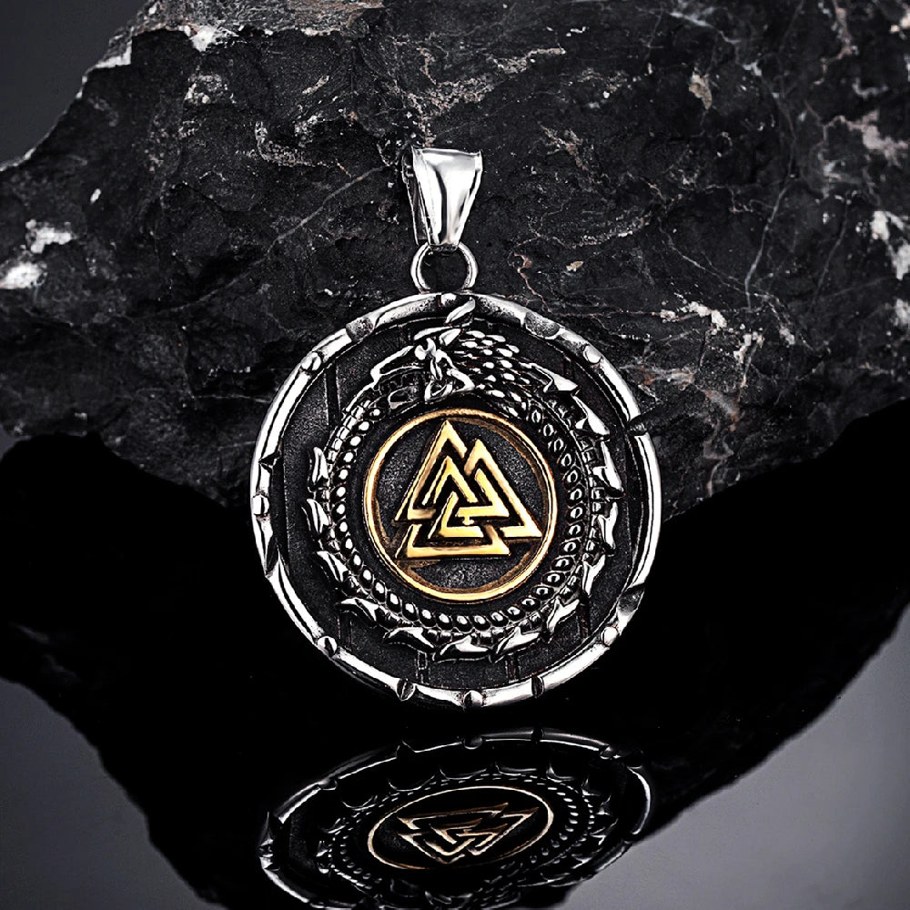 Vikings Ouroboros Dragon Necklace Men Stainless Steel Norse Runes Triangle Pendant Amulet Scandinavian Jewelry Vintage Male Gift