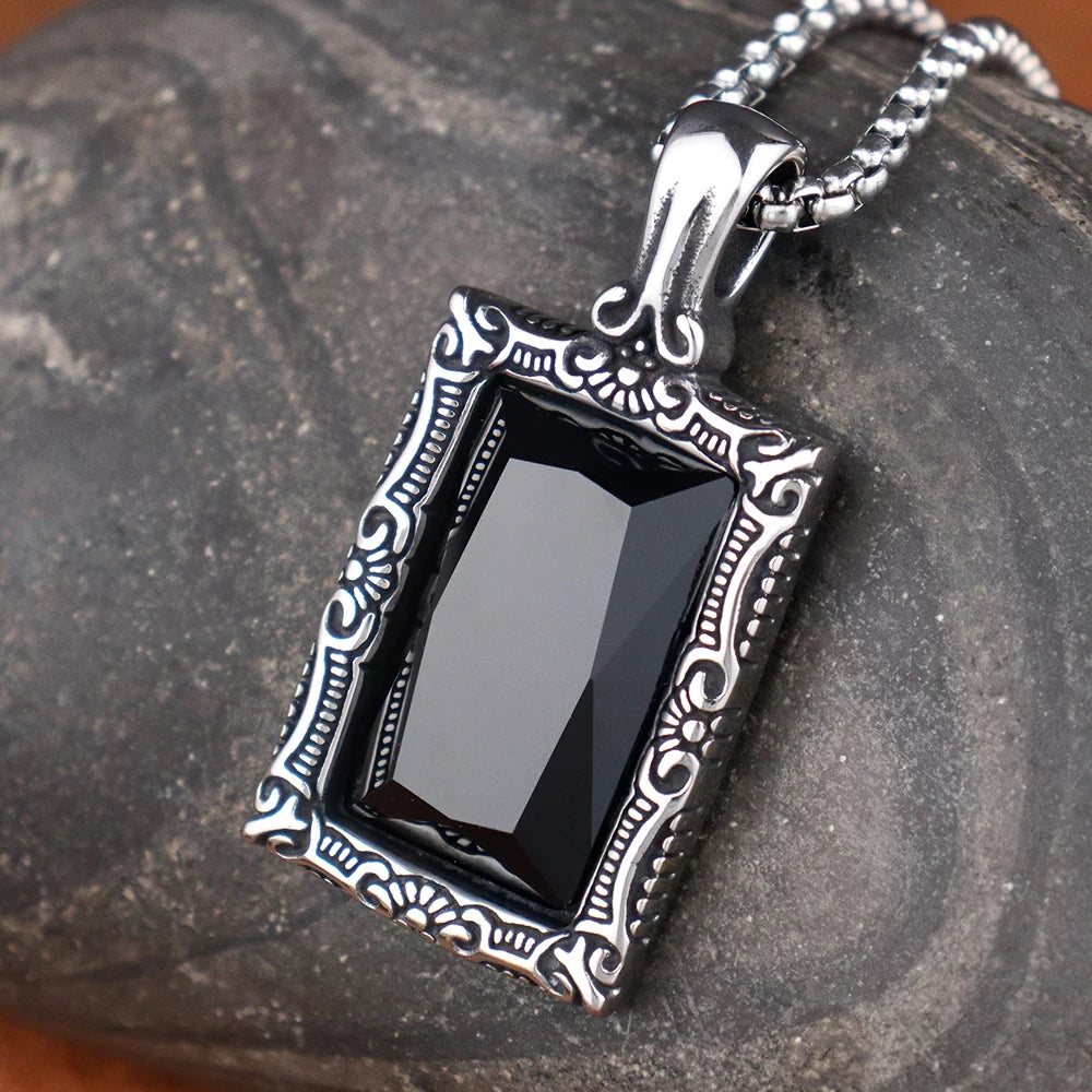 Fashion Popular Women Black Gemstone Necklaces Amulet Stainless Steel Classic Simple Party Pendant Chain Charm Jewelry