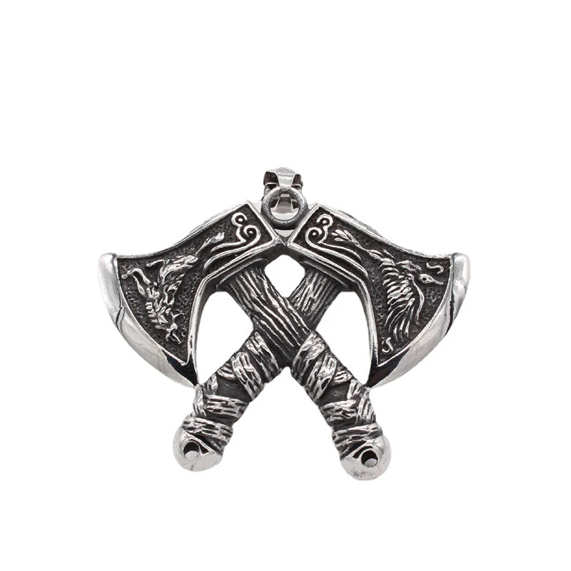 Unique Viking Double Axe Pendant Stainless Steel Retro Nordic Domineering Wolf and Eagle Necklace Scandinavian Jewelry