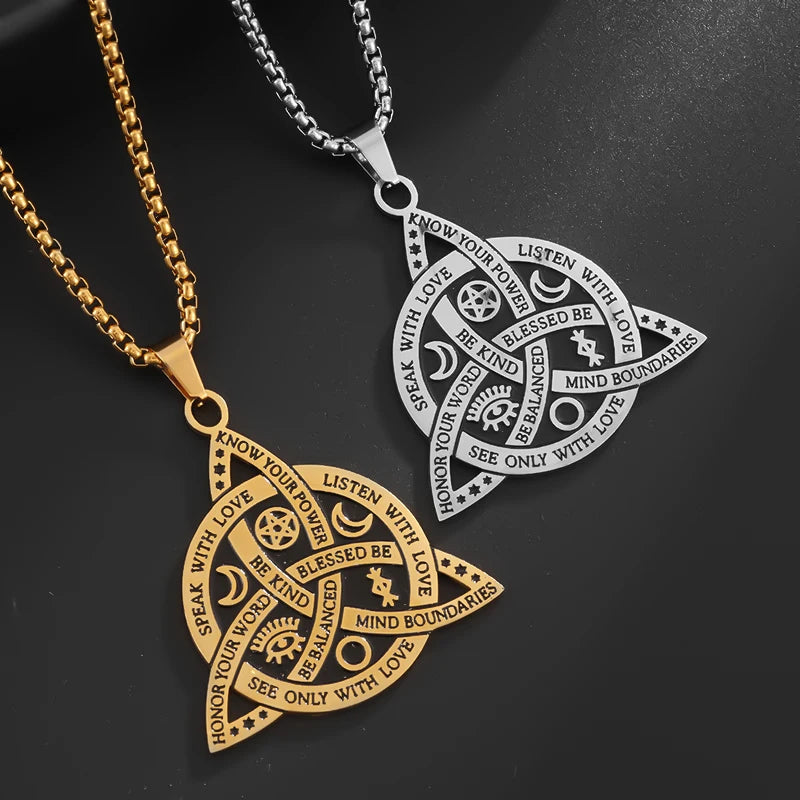 Stainless Steel Vintage Irish Celtic Trinity Knot Pendant Wiccan Witch Knot Moon Star Totem Necklace Men's Fashion Lucky Jewelry