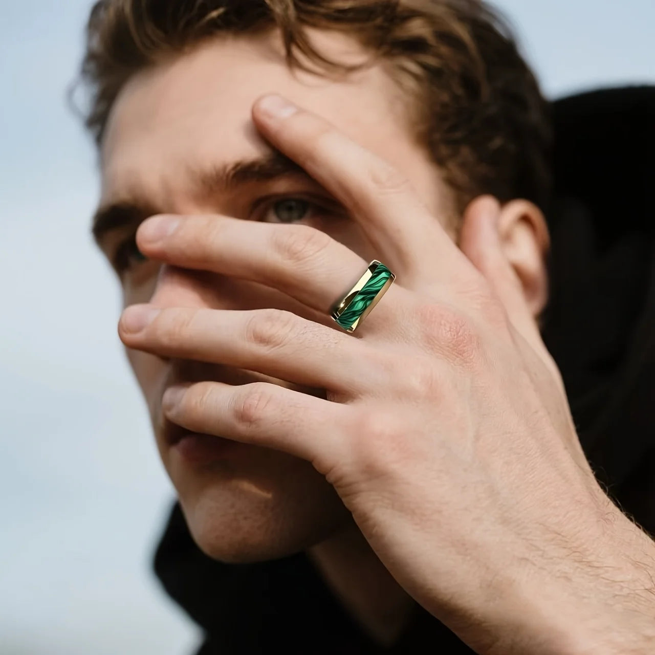 Fashion 8MM Men Domed Green Abalone Shell Inlay Stainless Steel Rings Gold Color Steel Rings For Wedding Engagement Jewelry Gift