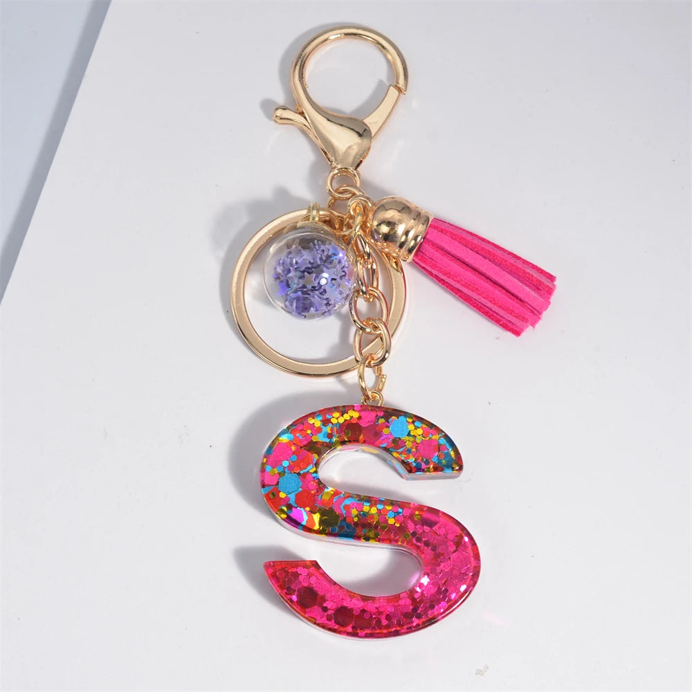 Colorful Letter Keychain Pendant Glitter Sequin Resin Key Chain Tassel Charms With Ball Keyring Jewelry For Women Bag Ornaments S