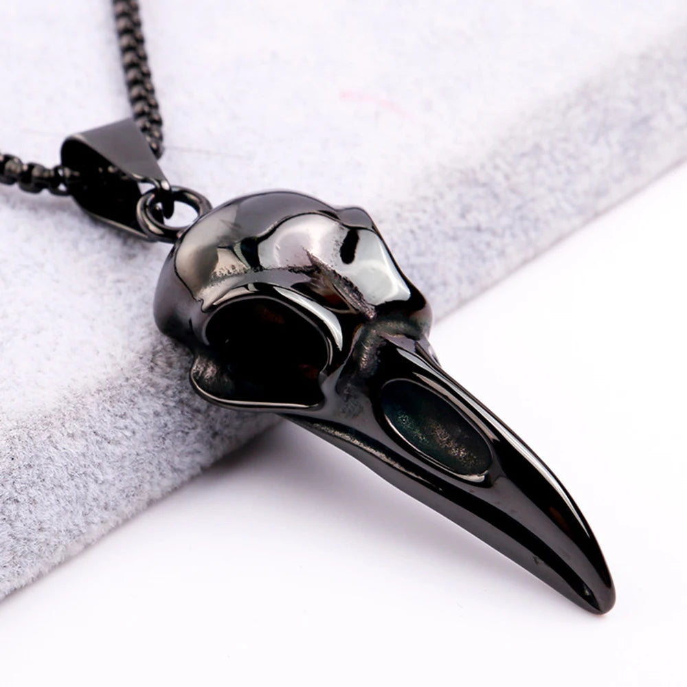 Vintage Nordic Viking Raven Head Bird Skull Pendant Necklace for Men Women Stainless Steel Punk Fashion Jewelry Gifts Wholesale 60cm Chain 4