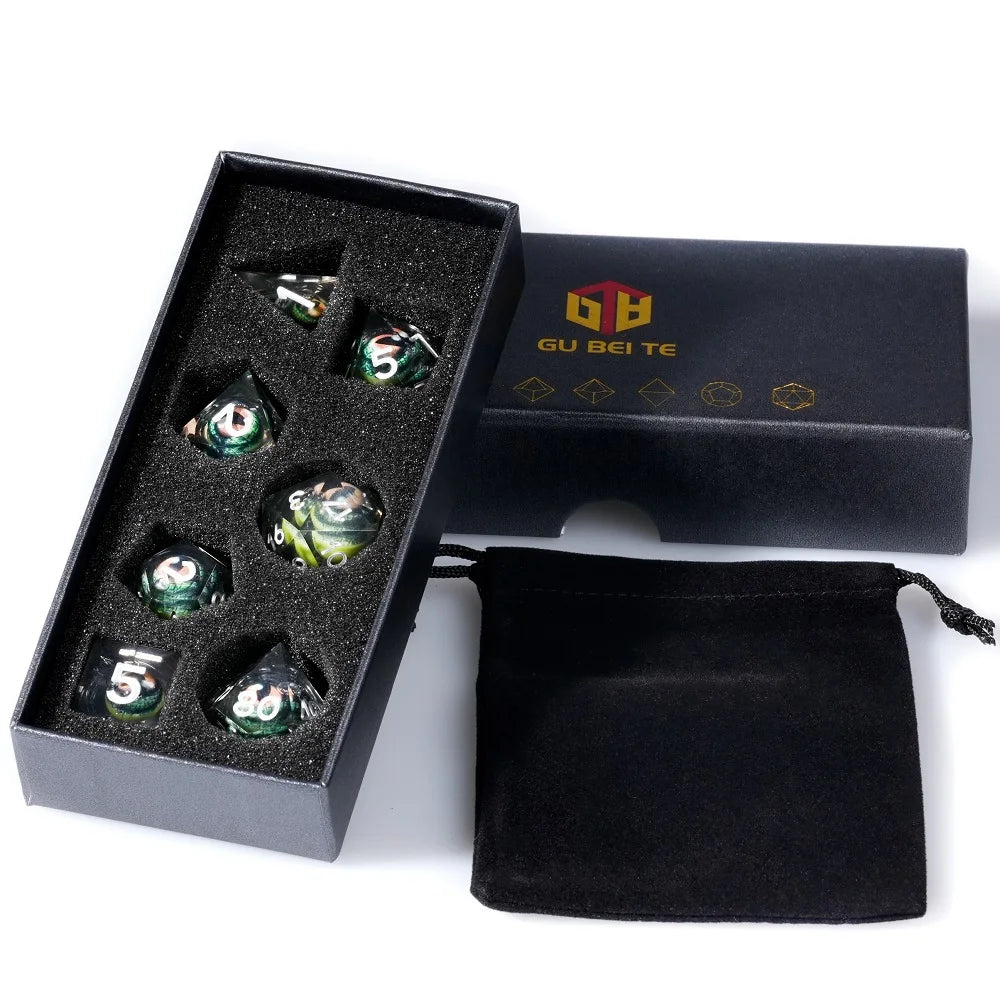 1-7pcs Crocodile Eye DND Solid Resin Dice Set Transparent Sliver Word Multi-sided Polyhedral Dice for D&D Game COC Role RPG D20