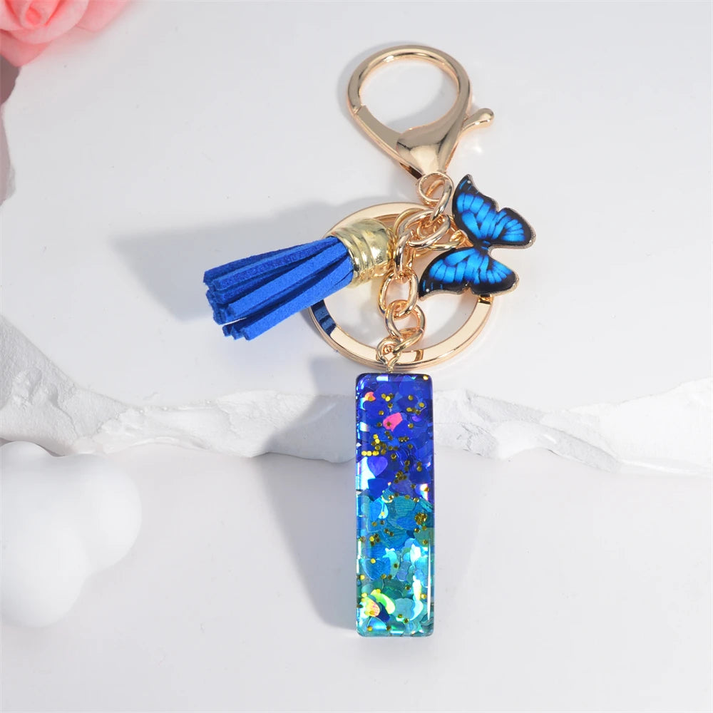 Sea Blue A To Z 26 Letter Keychain Women Wallet Charms 26 Initials Alphabet Butterfly Tassel Pendant With Key Rings Jewelry Gift I 55mm