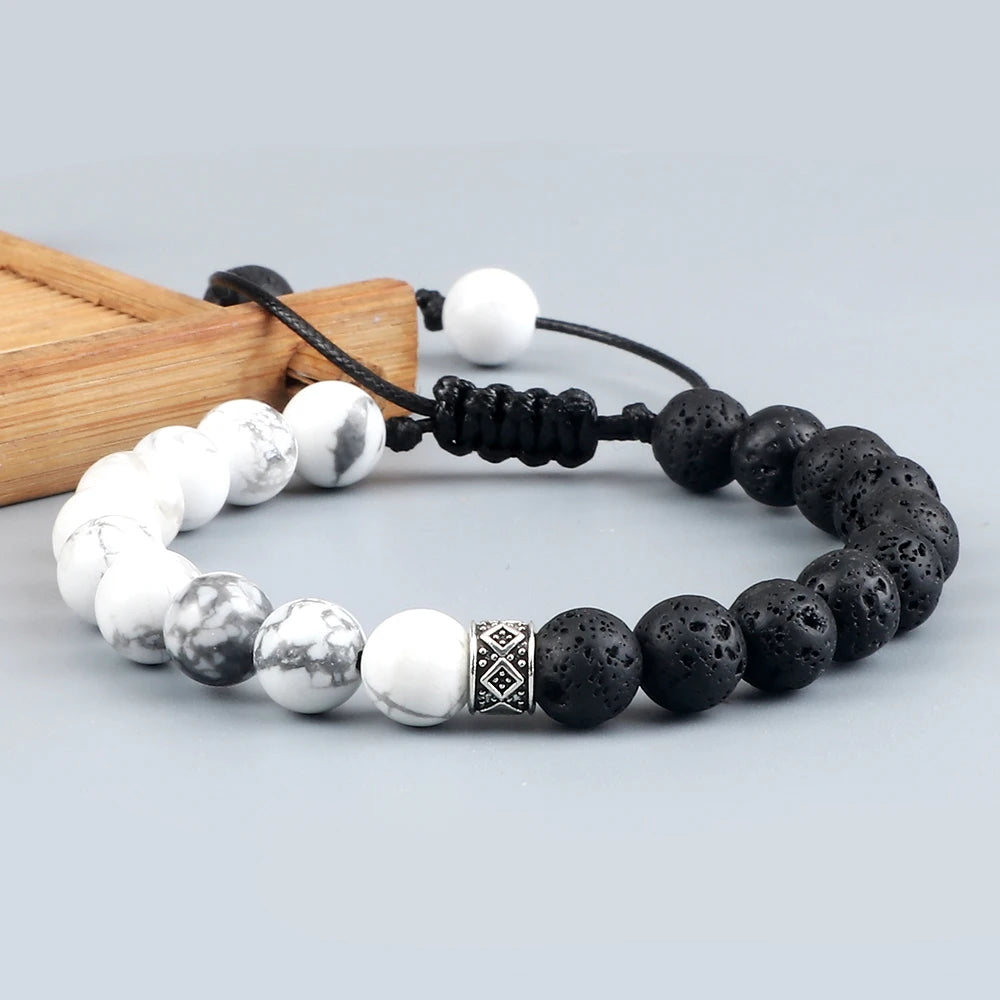 Fashion Black White Beaded Bracelets For Men 8mm Natural White Howlite Stone Beads Bracelet Women Meditation Prayer Jewelry Gift