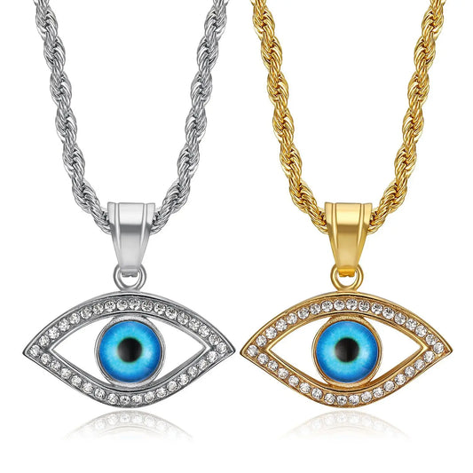Unisex Hip Hop Jewelry Stainless Steel Gold Plated Turkish Blue Eye Zircon Pendant Necklace