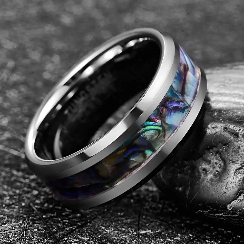 Fashion 8mm Men Silver Color Stainless Steel Rings Inlay Rainbow Abalone Shell Rings For Men Women Wedding Band Jewelry Gifts