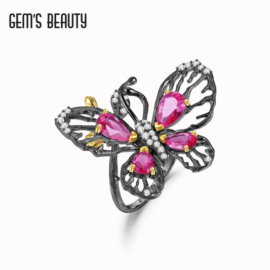 GEM'S BEAUTY 925 Sterling Silver Butterfly Rings For Women 2021 Style Pear Cut Lab Created Ruby Handmade Adjustable Open Rings