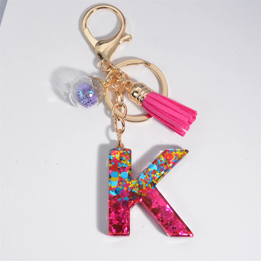 Colorful Letter Keychain Pendant Glitter Sequin Resin Key Chain Tassel Charms With Ball Keyring Jewelry For Women Bag Ornaments K