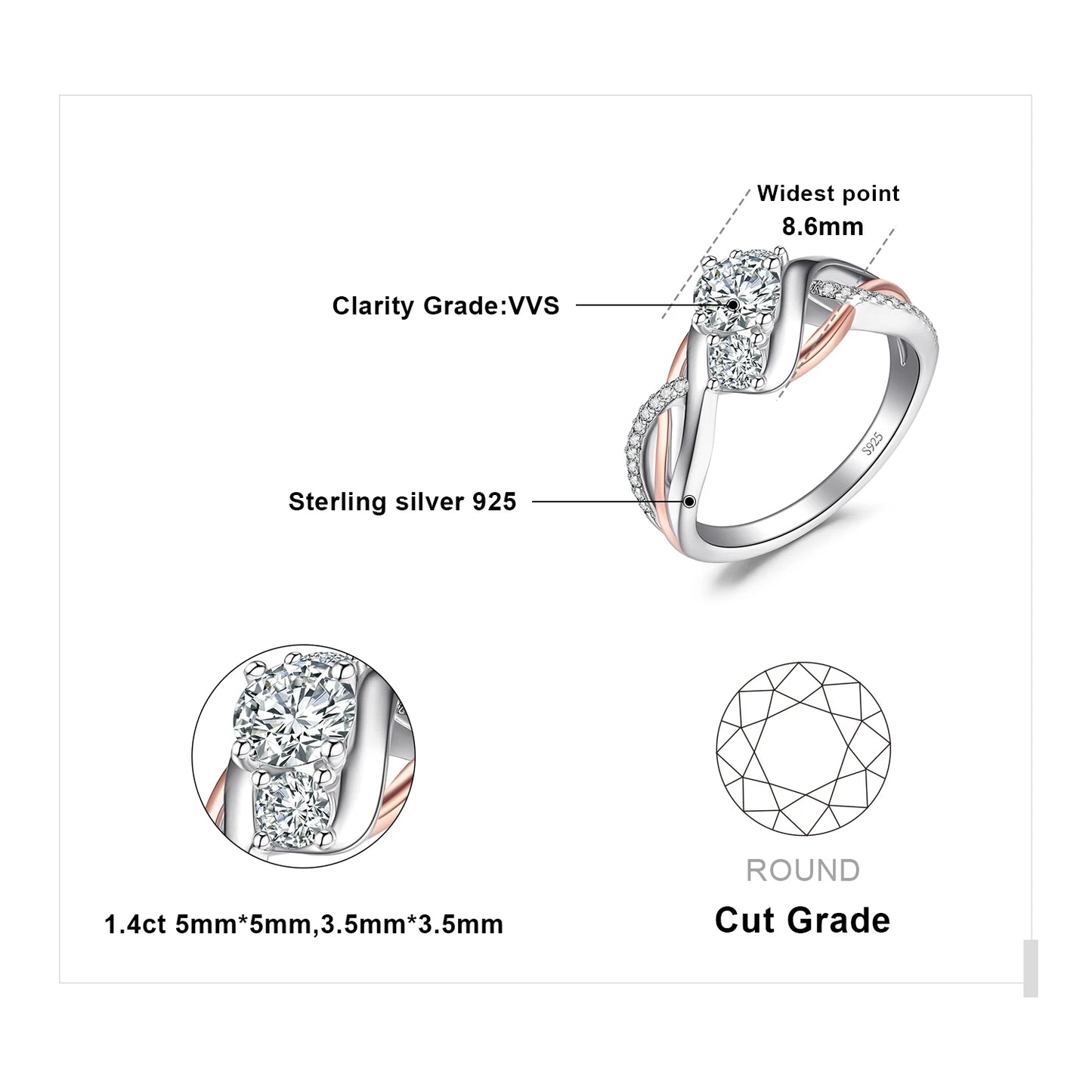 JewelryPalace Solid 925 Sterling Silver Wedding Engagement Ring for Woman 3 Stone AAAAA CZ Simulated Diamond Gold Infinity Ring