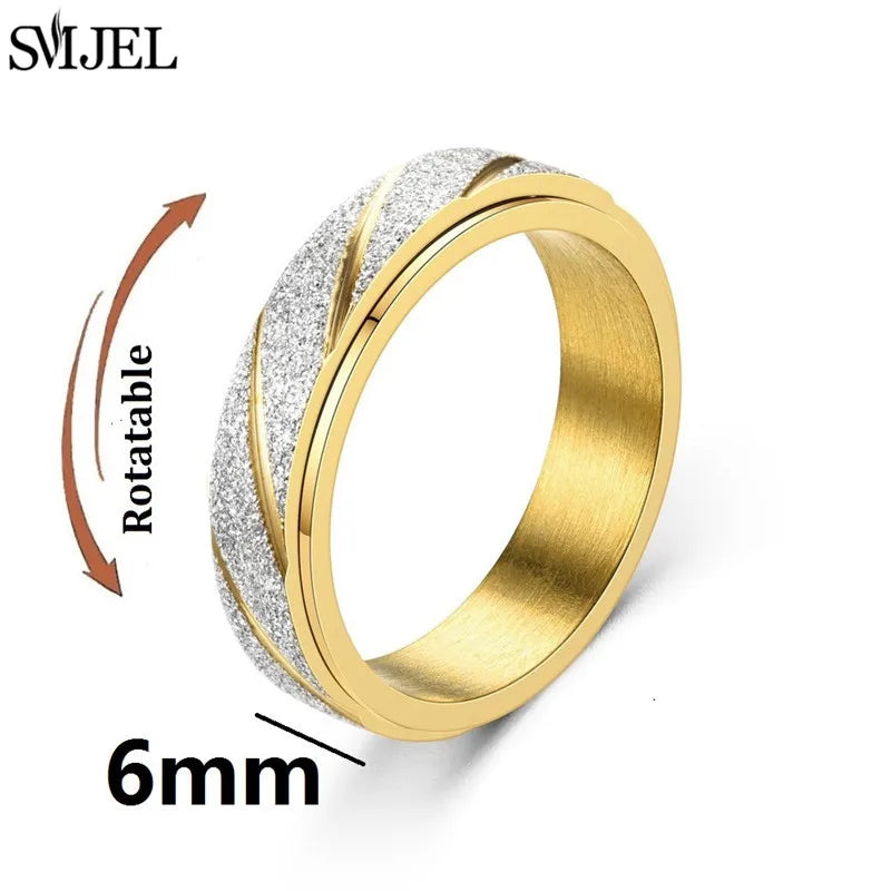 Rose Gold Stainless Steel Anxiety Ring Women Men Fidgets Spinner Rings Engagement Bands Silver Color Fashion Jewelry 8/6mm