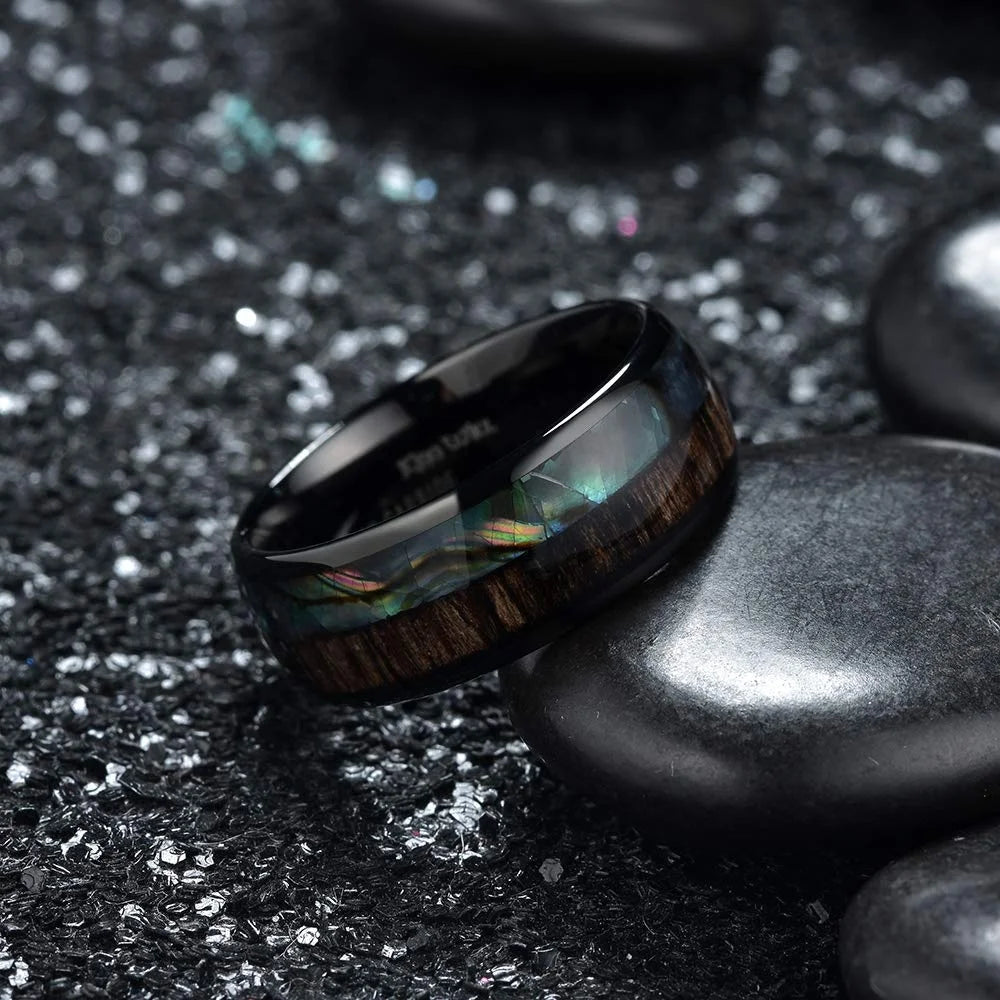 Fashion 8MM Rose Gold Color Stainless Steel Rings For Men Women Colorful Abalone Shell  Inlaid Men Rings Wedding Party Jewelry