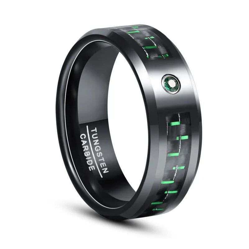 BONLAVIE Black Inlaid Blue Green Red Carbon Fiber Zircon Tungsten Carbide Wedding Rings For Men Beveled Edge Comfort Fit Jewelry HZ035R