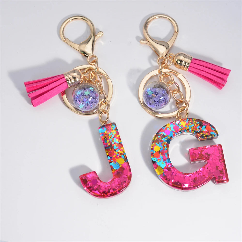 Colorful Letter Keychain Pendant Glitter Sequin Resin Key Chain Tassel Charms With Ball Keyring Jewelry For Women Bag Ornaments