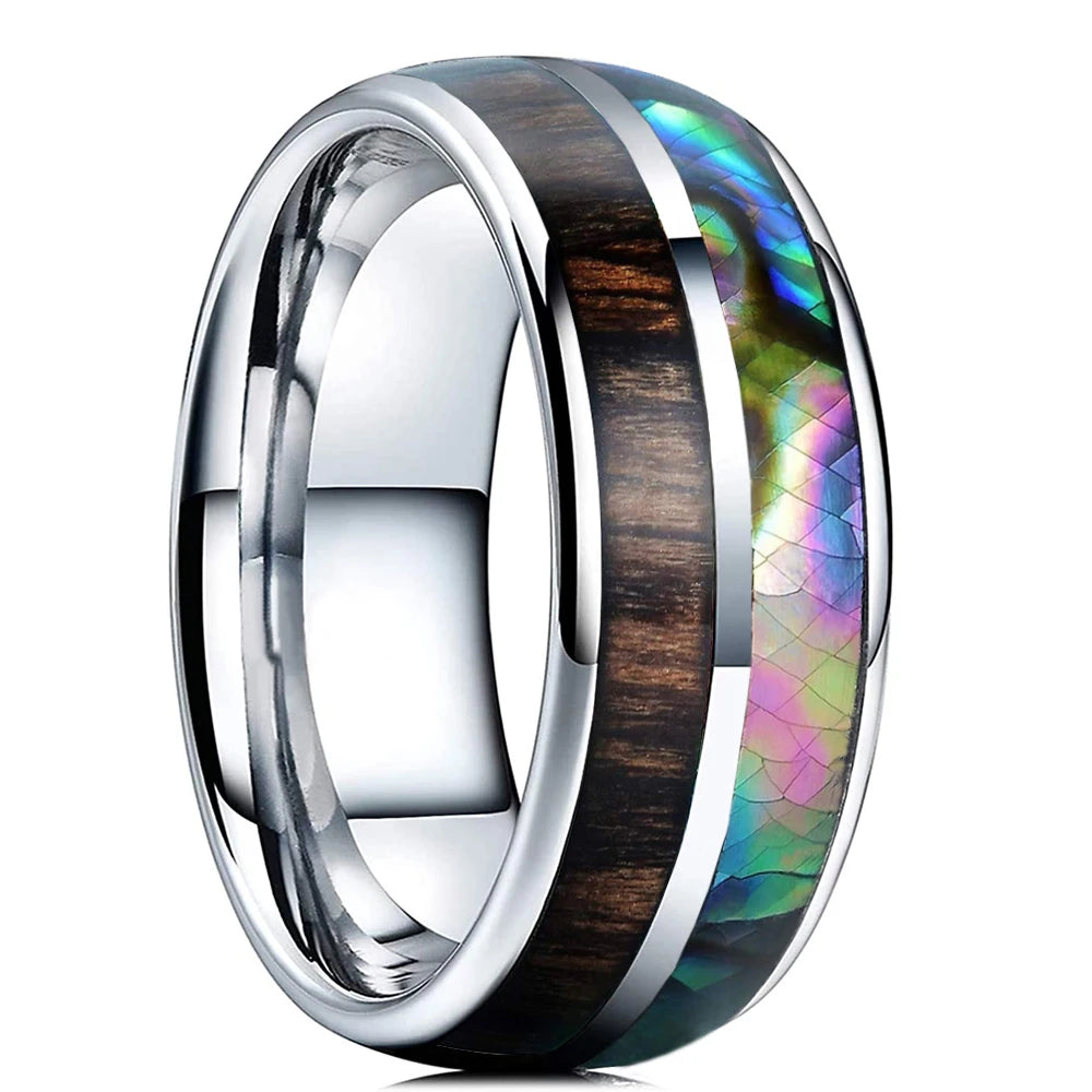 Fashion 8mm Black Titanium Steel Rings For Men Inlay Red Opal and Colorful Abalone Shell Ring Men's Wedding Band Jewelry Gifts