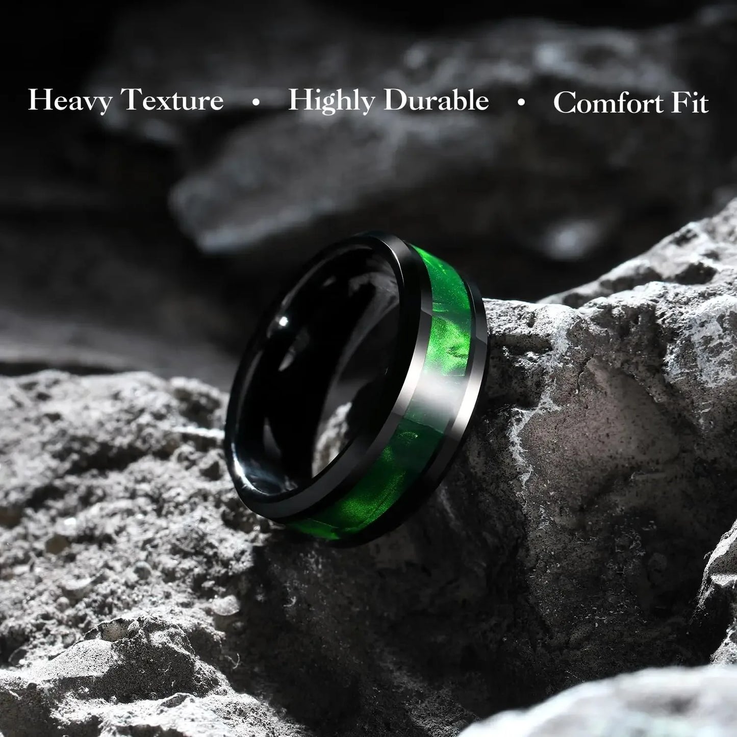 Fashion 8mm Titanium Stainless Steel Rings for Men Women High Polished Inlay Green Shell Men Promise Rings Wedding Party Jewelry