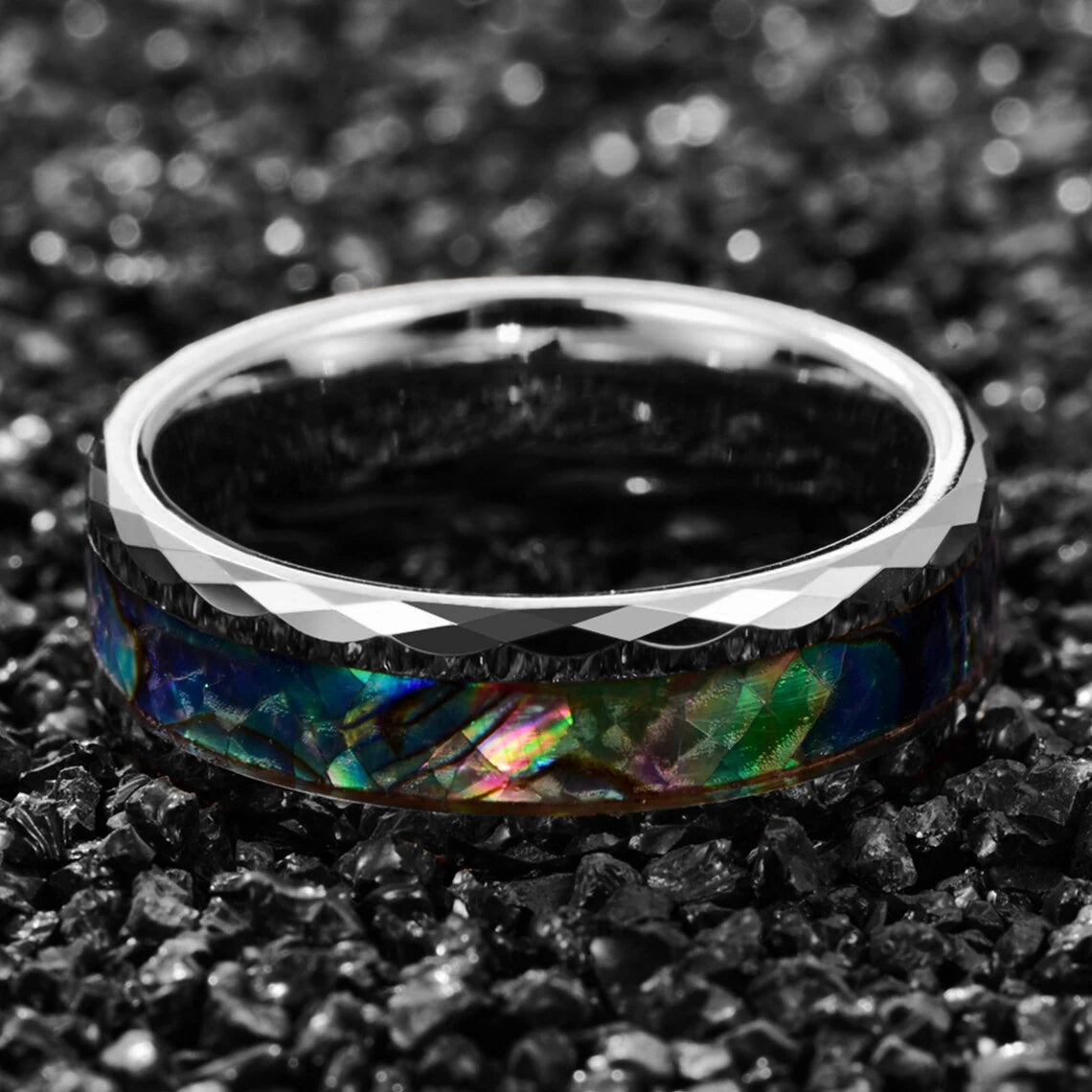 Fashion 8MM Rose Gold Color Stainless Steel Rings For Men Women Colorful Abalone Shell  Inlaid Men Rings Wedding Party Jewelry