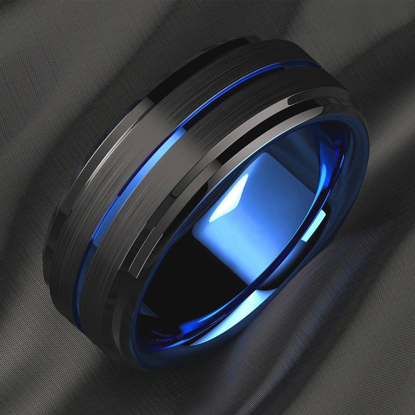 Fashion 8mm Stainless Steel Rings For Men Women Blue Groove Step Edge Black Brushed Engagement Rings Wedding Anniversary Jewelry