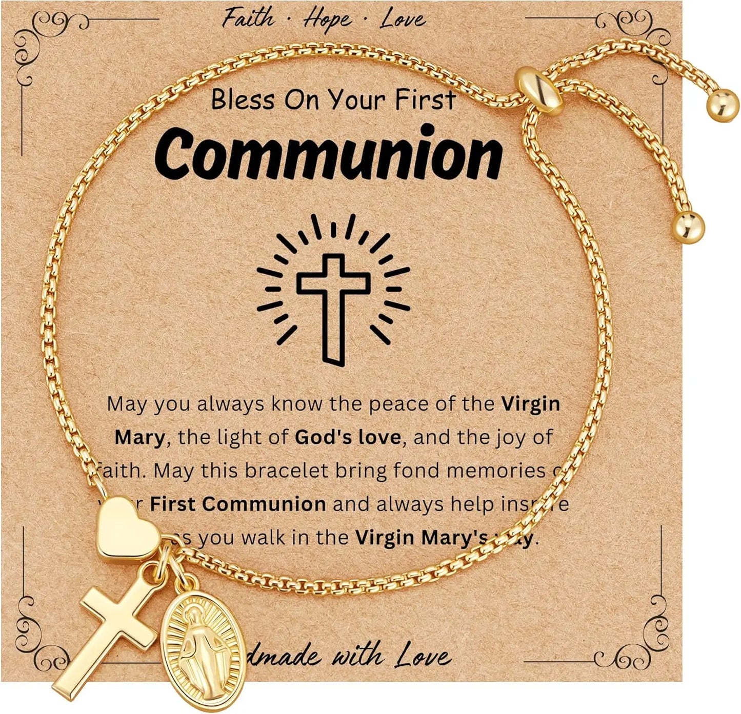 18k Gold Catholic Virgin Mary Cross Heart Bracelet Gift for Women Confirmation First Communion Religious Christian Faith Jewelry