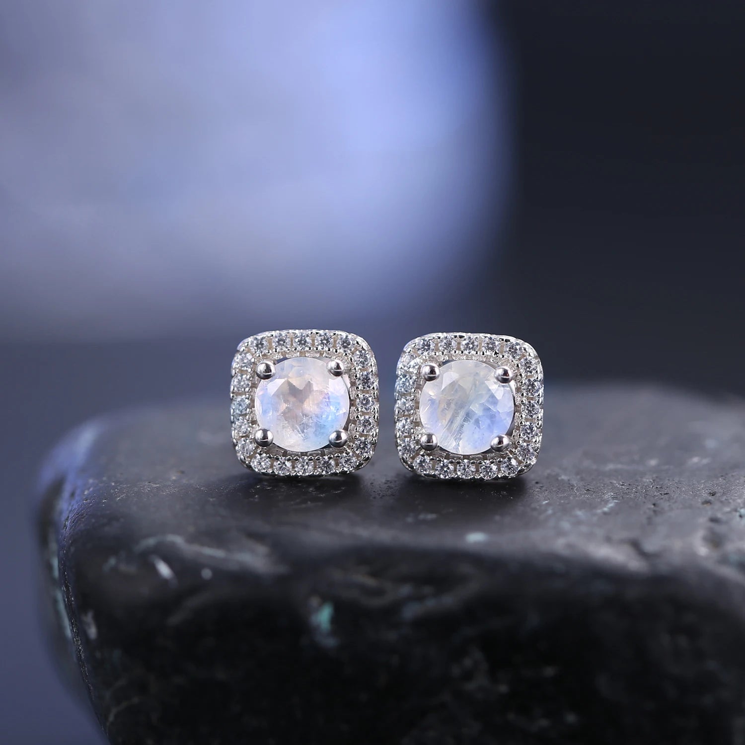 GEM'S BALLET Minimalist Dainty Moonstone Earring 5mm Milky Blue Moonstone Studs Earrings in 925 Sterling Silver June Birthstone