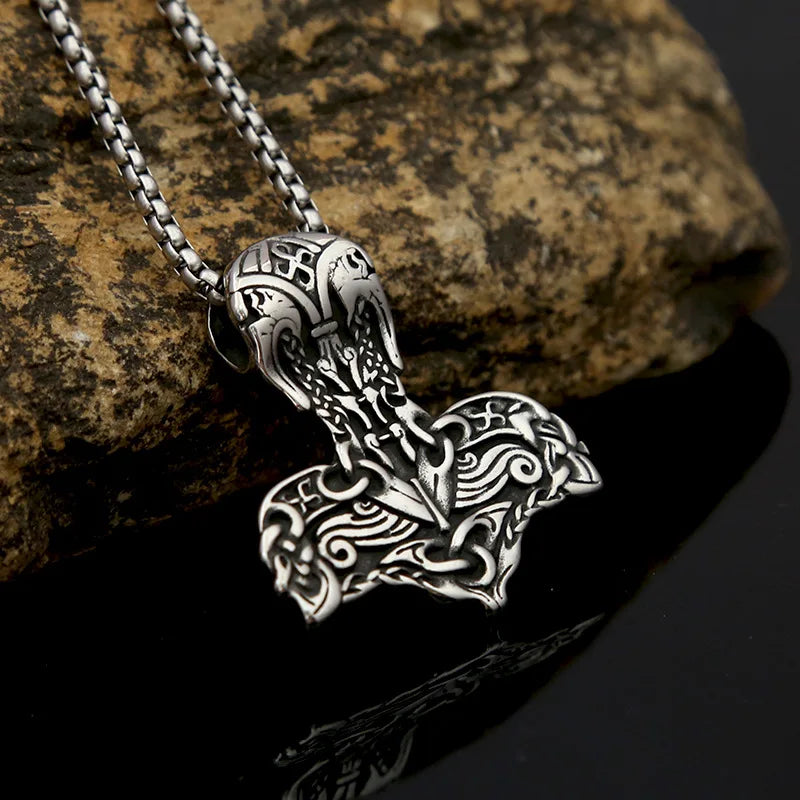 316L Steel Odin Warhammer Necklace for Men - Viking Nordic Amulet, Norse Warrior Pendant Jewelry Gift, Retro Metal Accessories