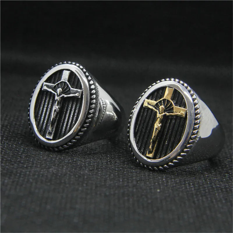 New Jesus Cross Solid Ring For Man 316L Stainless Steel Jewelry Polishing Punk God Ring Size 7-14