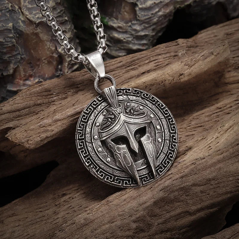 Vintage Ancient Greek Warrior Spartan Shield Pendant Necklace 316L Stainless Steel Men Personalized Punk Amulet Jewelry Gift