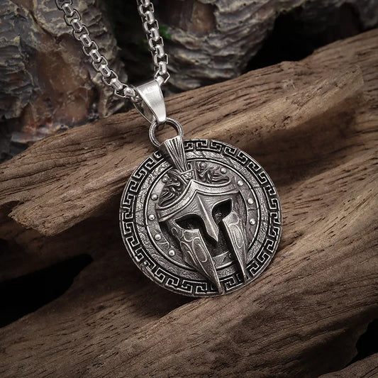 Vintage Ancient Greek Warrior Spartan Shield Pendant Necklace 316L Stainless Steel Men Personalized Punk Amulet Jewelry Gift